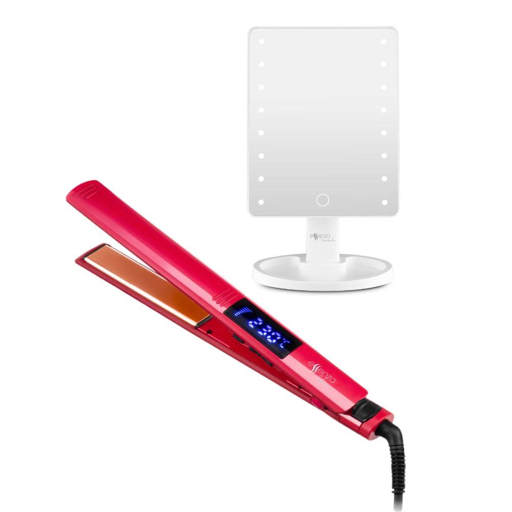 Kit Espelho de Mesa Touch E Prancha Modeladora Vermelha Essenza  - Bivolt
