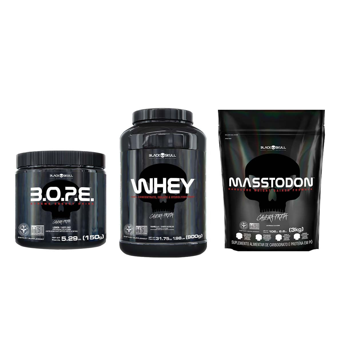 Kit Suplementação Black Skull: Hipercalórico (Baunilha) + Whey (Baunilha) + Pré Treino (Limão)