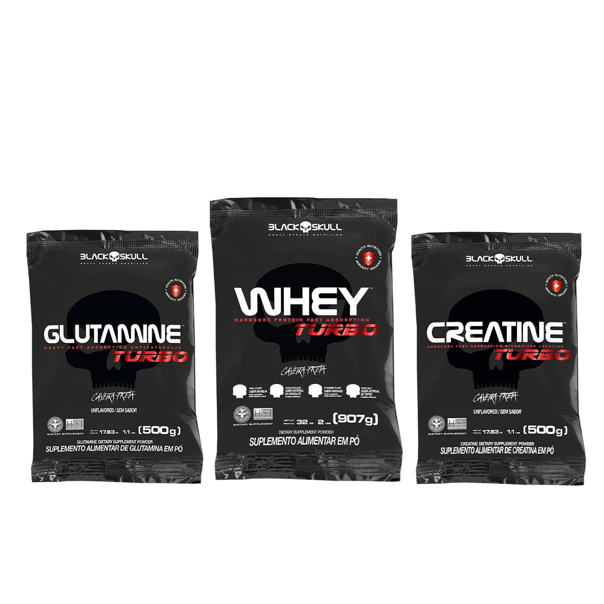 KIT DE SUPLEMENTOS ALIMENTARES TURBO WHEY (MORANGO) + GLUTAMINA + CREATINA