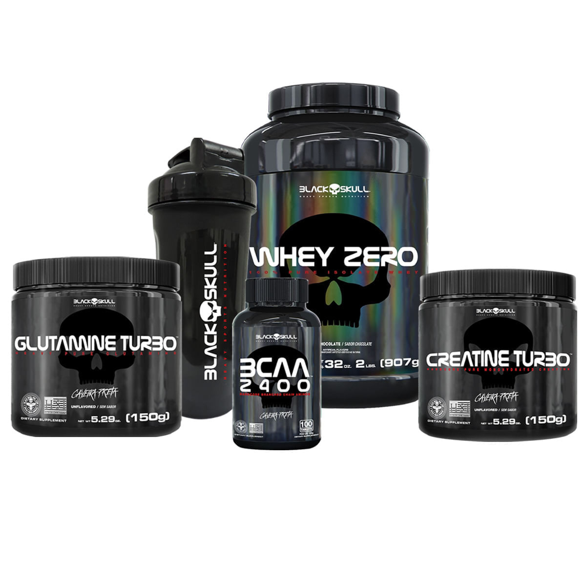 KIT WHEY ZERO 907G + BCAA + GLUTAMINA 150G + CREATINA 150G + SHAKER BLACK SKULL