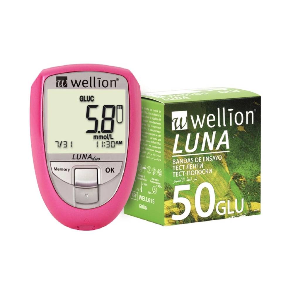 Medidor de Glicose Luna Rosa + 50 Tiras de Glicose Wellion