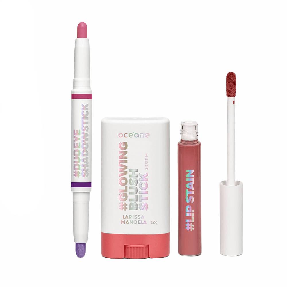 Kit Larissa Manoela By Océane Blush + Sombra Dupla Rosa e Roxa + Batom Líquido