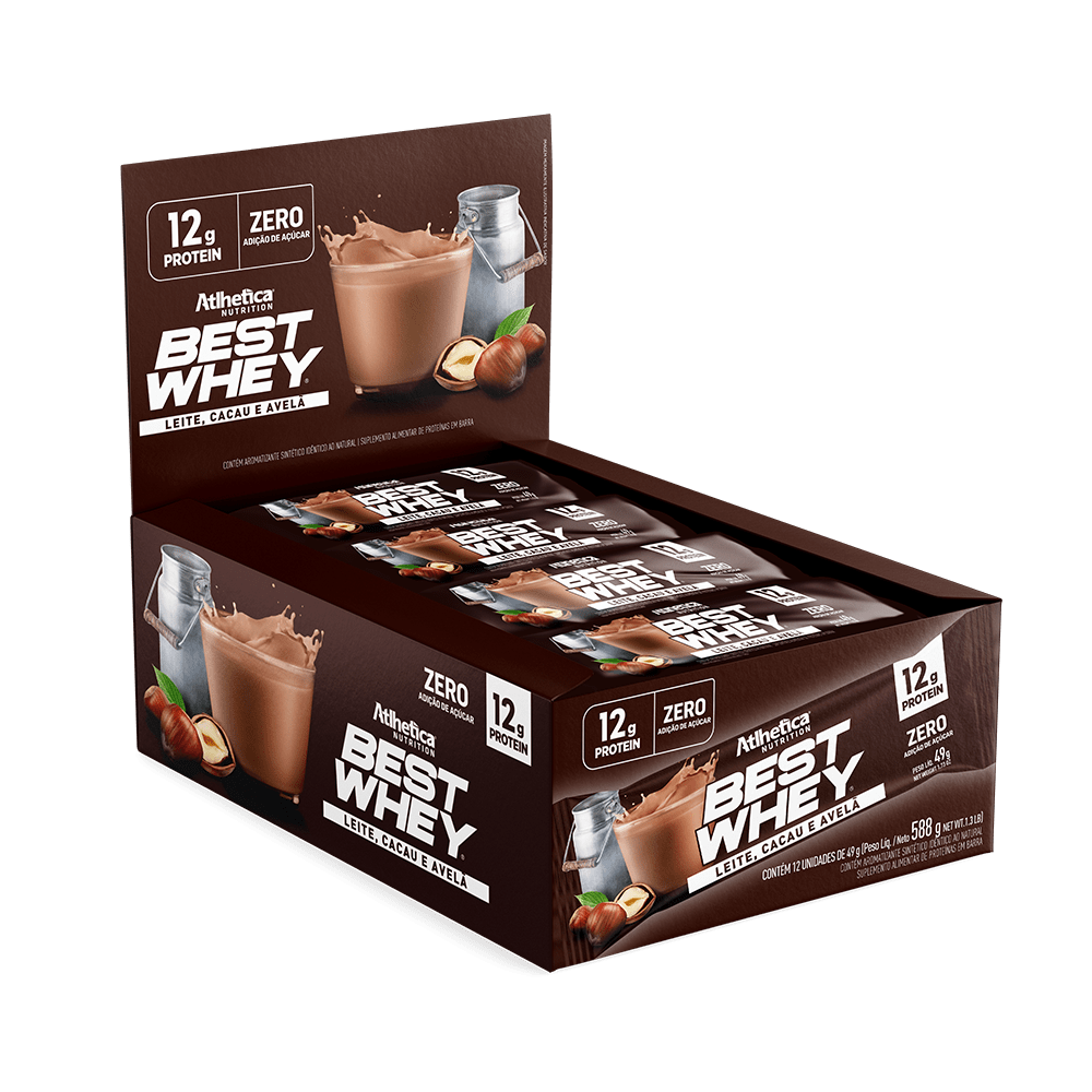Barrinha Proteica Best Whey Bar 12g Leite, Cacau & Avela Atlhetica Nutrition Display 12 unidades de 49g