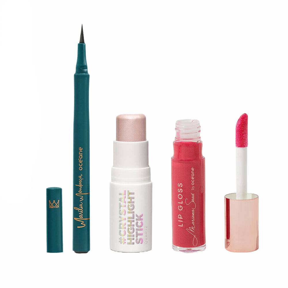 Kit Océane Caneta Delineadora Preta + Brilho Labial Vermelho + Iluminador Em Bastão