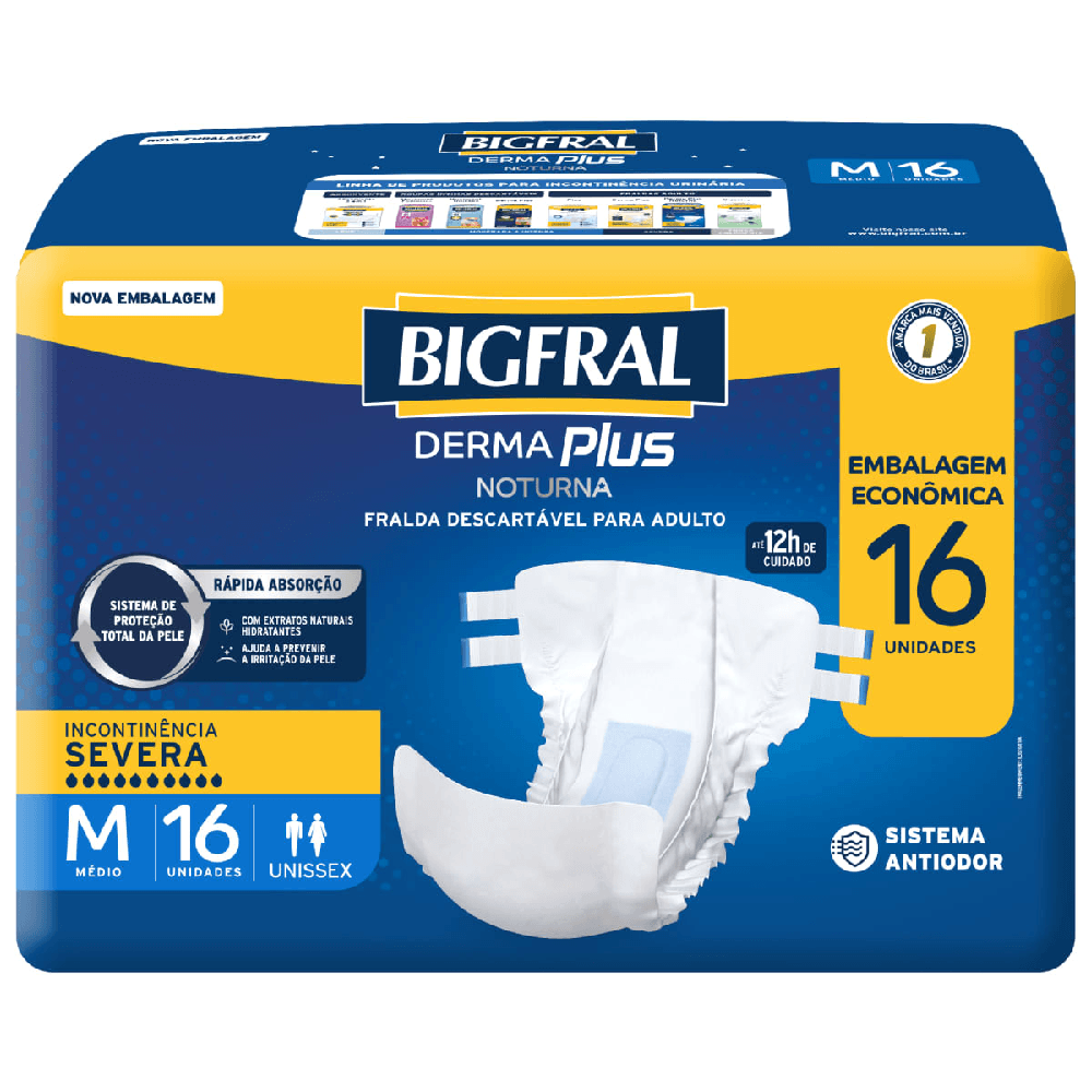 Fralda Geriátrica Derma Plus Noturna BigFral Tamanho M 16 unidades