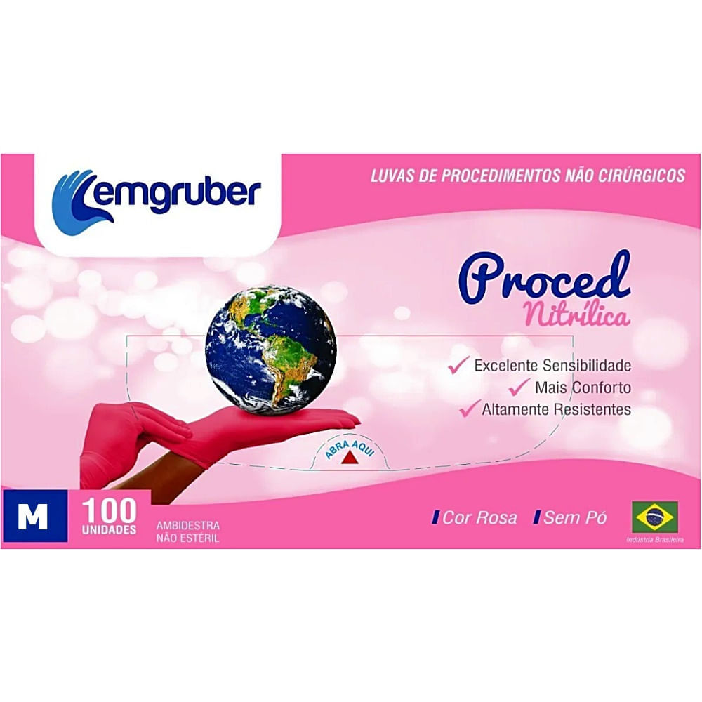 Luva Nitrílica Proced Rosa sem Pó Tamanho M 100 luvas