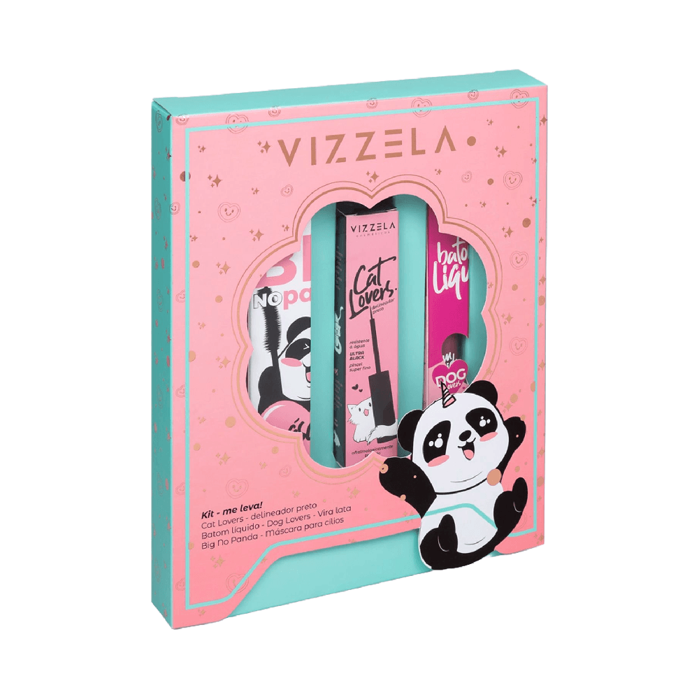 Vizzela Kit Me Leva Máscara Big No Panda + Delineador Líquido Preto Cat Lovers + Batom Líquido Matte Vira Lata