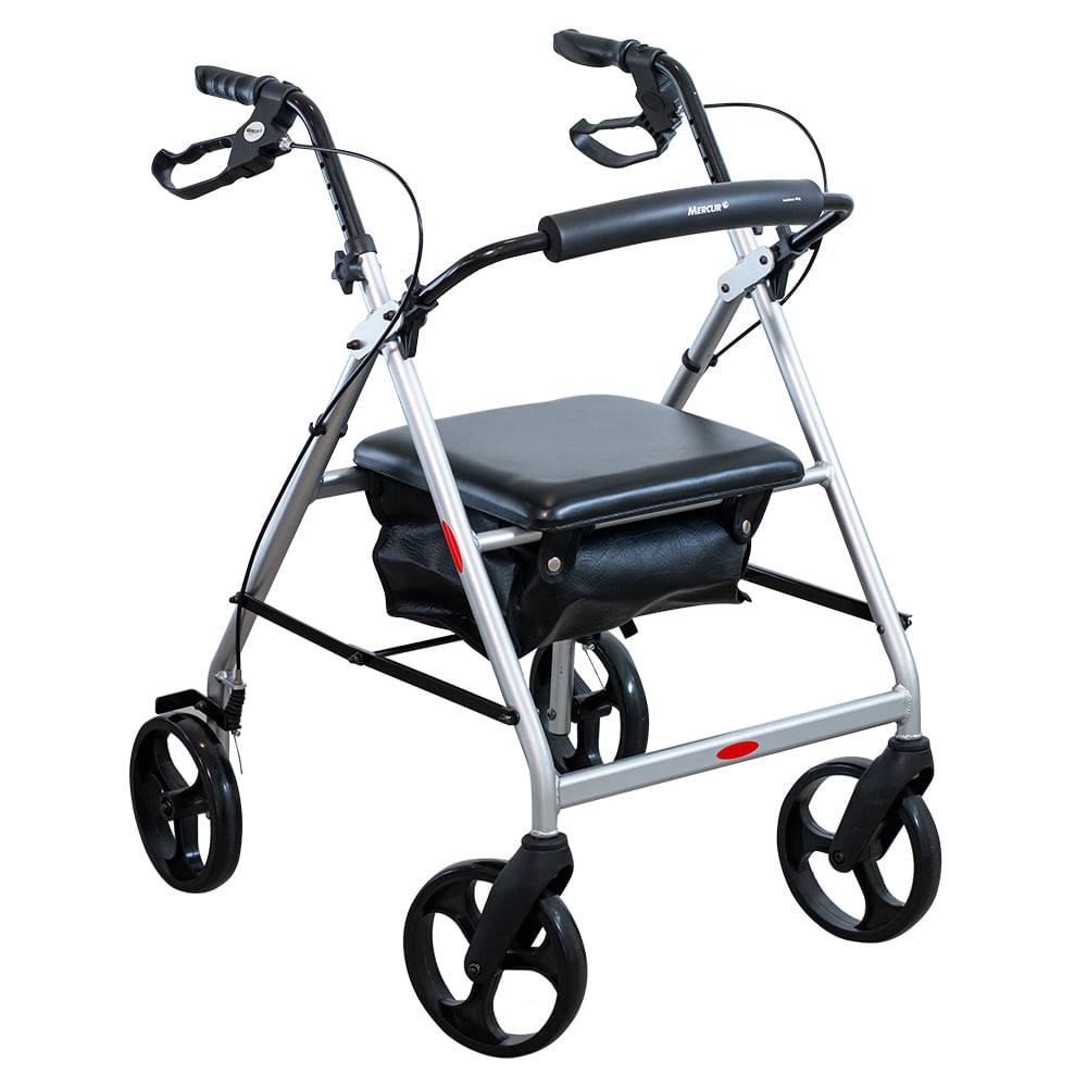 Andador De Alumínio Com 4 Rodas, Assento E Cesta Mercur