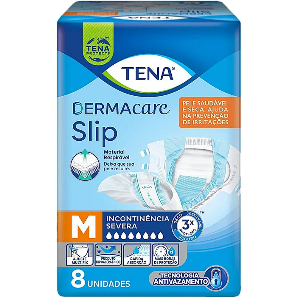 Fralda Geriátrica Tena Dermacare Slip Unissex Tamanho M Pacote Com 8 Unidades