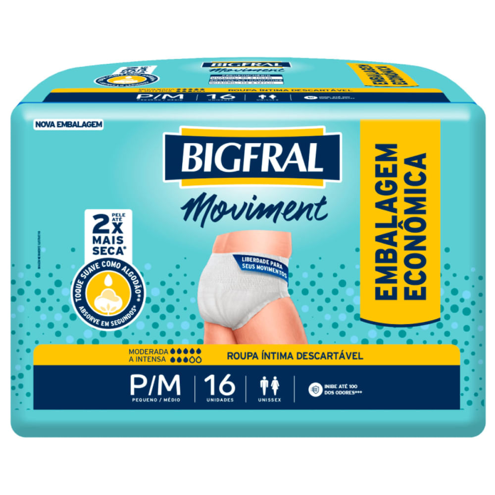 Roupa Íntima Moviment Bigfral Unissex Tamanho P e M Pacote com 16 unidades