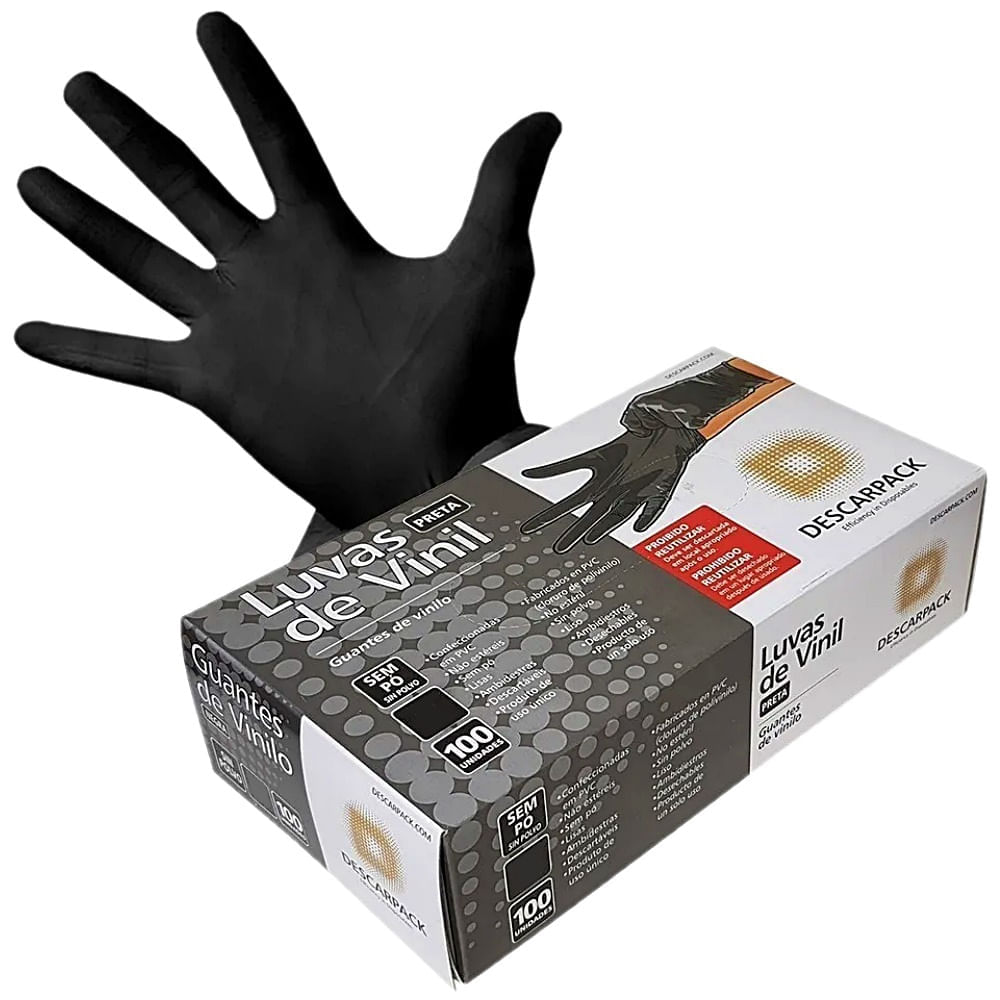 Luva de Vinil Descarpack Preta sem Pó Tam G 100 luvas