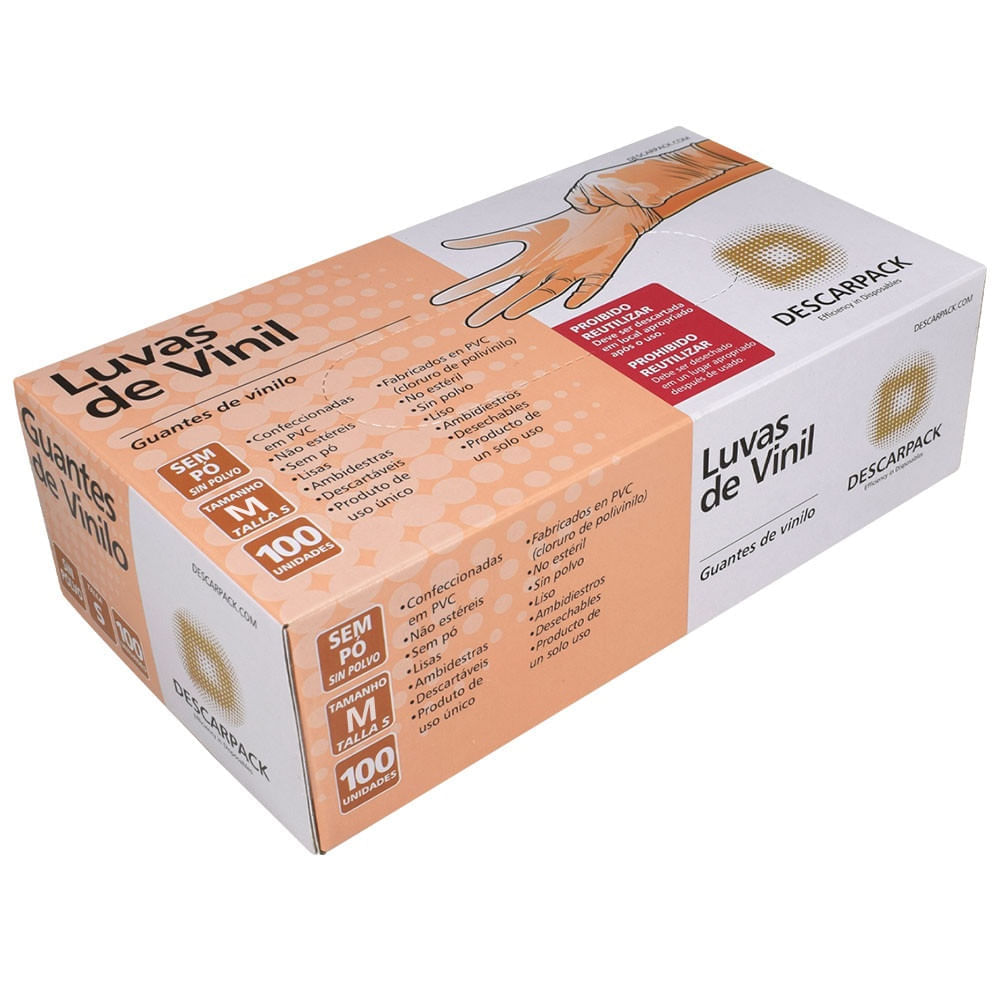 Luva de Vinil Descarpack Transparente sem Pó Tamanho M 100 luvas