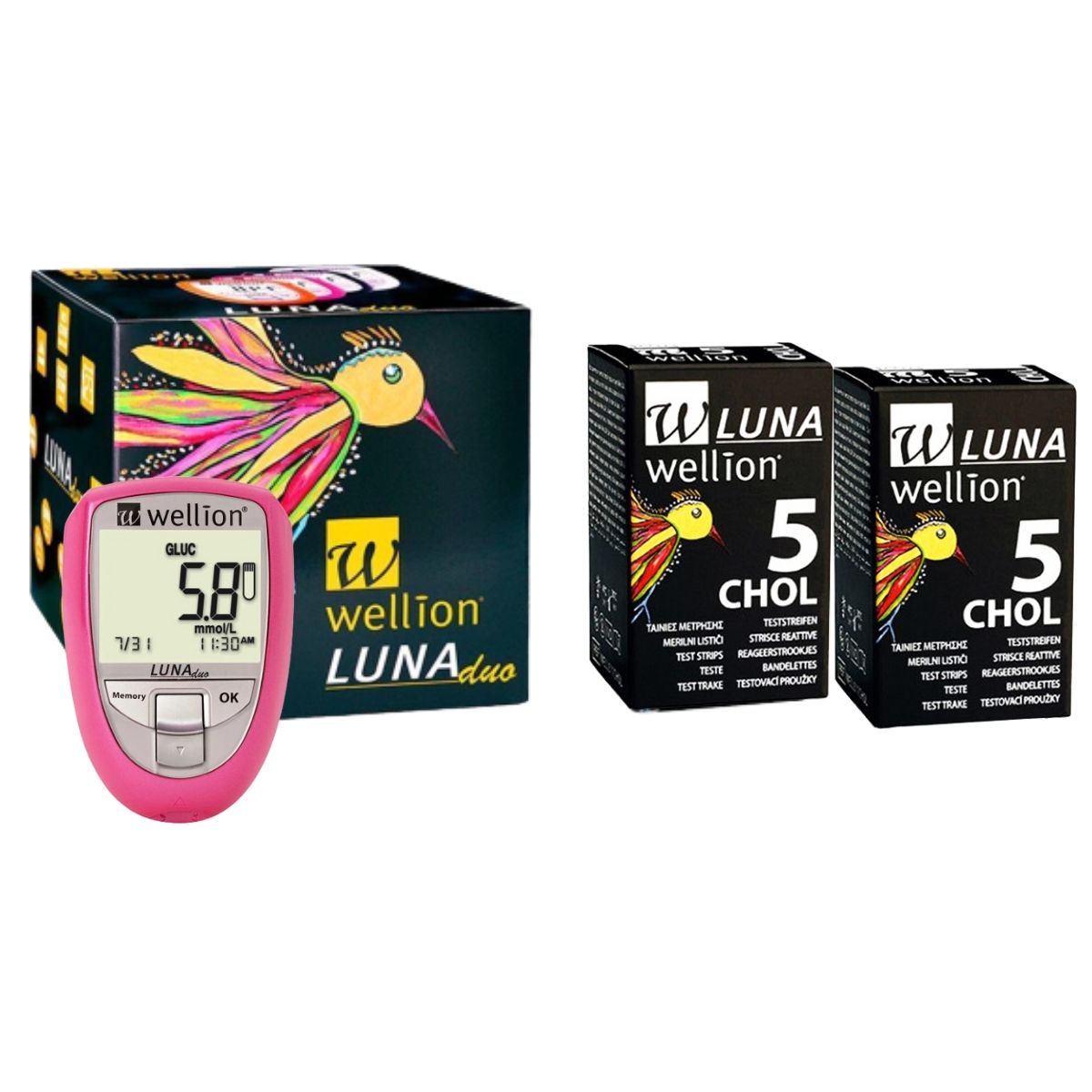 Medidor Colesterol e Glicose Luna Rosa + 10 Tiras para Colesterol Wellion