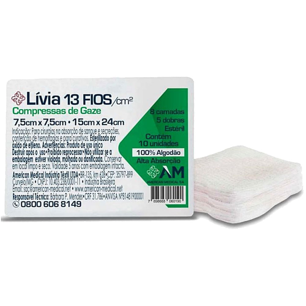 Compressa Gaze Lívia Estéril 13 Fios 7.5x7.5cm 10 compressas