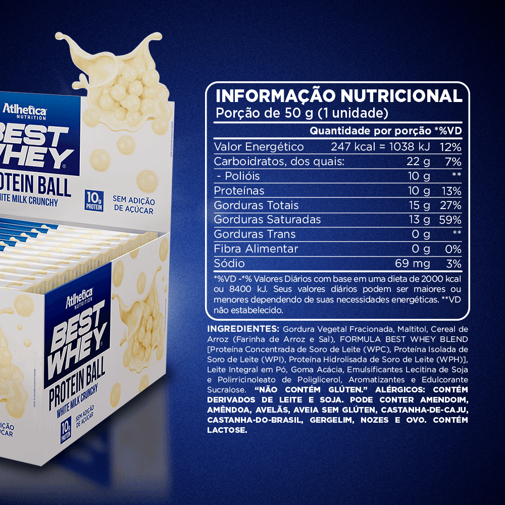 Snack Best Whey Protein Ball White Milk Crunchy Atlhetica Nutrition 12 Sachês de 50g
