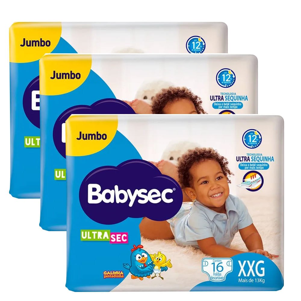 Kit 3 Fraldas Descartável Babysec Ultra Sec Jumbo XXG Pacote com 16 unidades cada