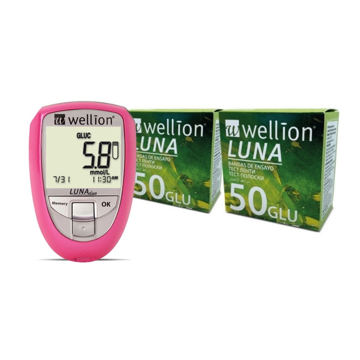 Medidor de Glicose Luna Cor Rosa e 100 Tiras de Glicose Wellion