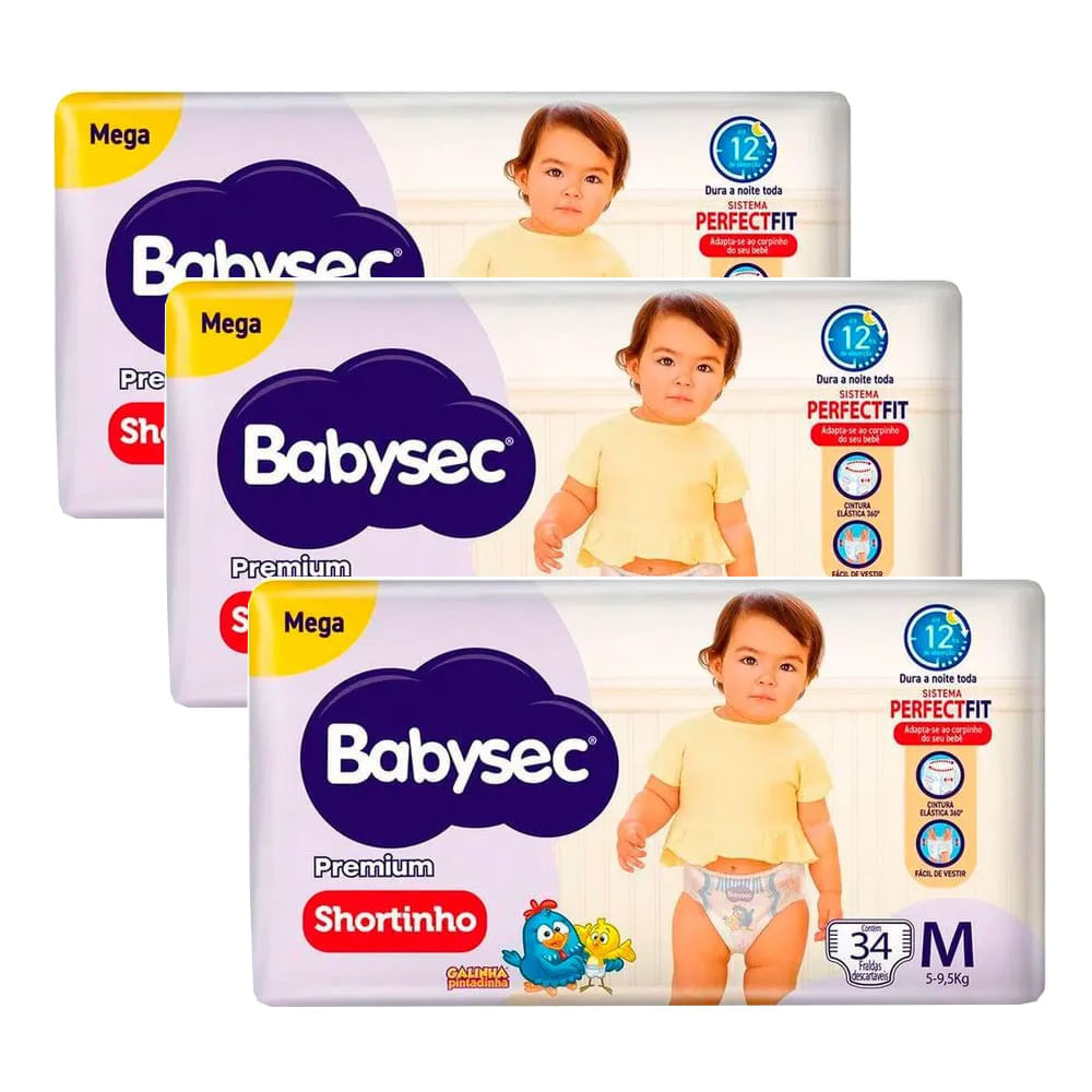 Kit 3 Fraldas Descartável Babysec Shortinho Mega M - 102 Tiras