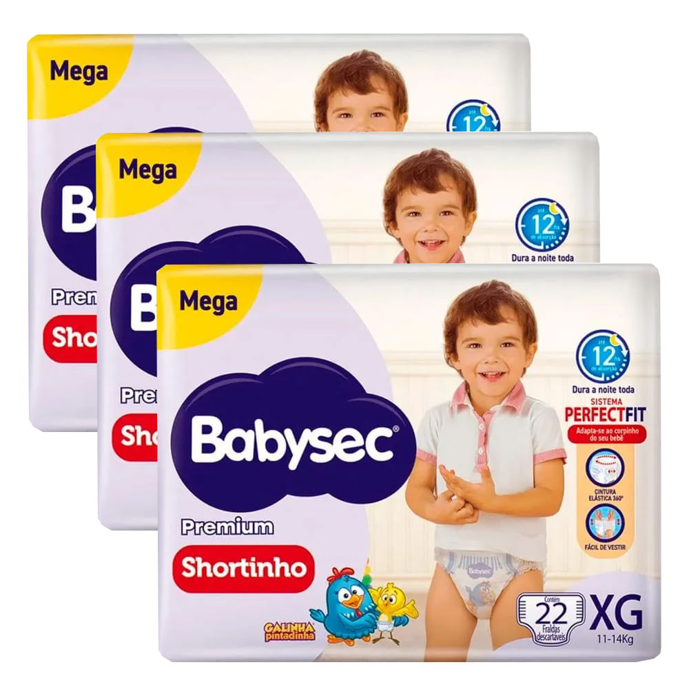 Kit 3 Fraldas Descartável Babysec Shortinho Mega XG 66 Tiras