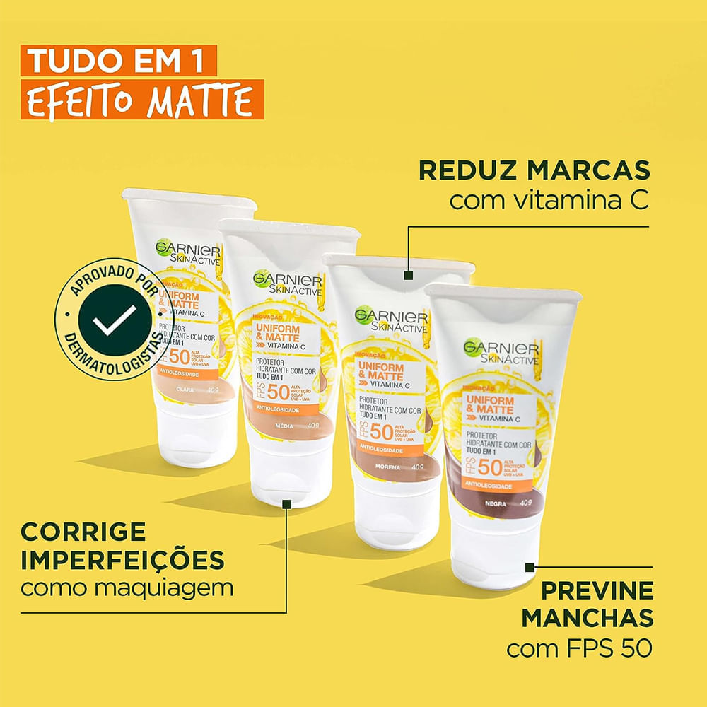 Protetor Facial Garnier Uniform E Matte Vitamina C FPS 50 Cor Clara 40g