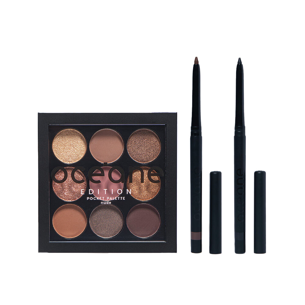 Kit Lápis de Olhos Marrom + Lápis de Olhos Preto + Paleta de Sombras Nude Océane Edition