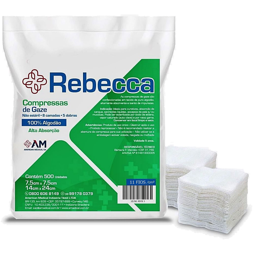 Compressa Gaze Rebecca 11 fios 7.5x7.5cm 500 unidades