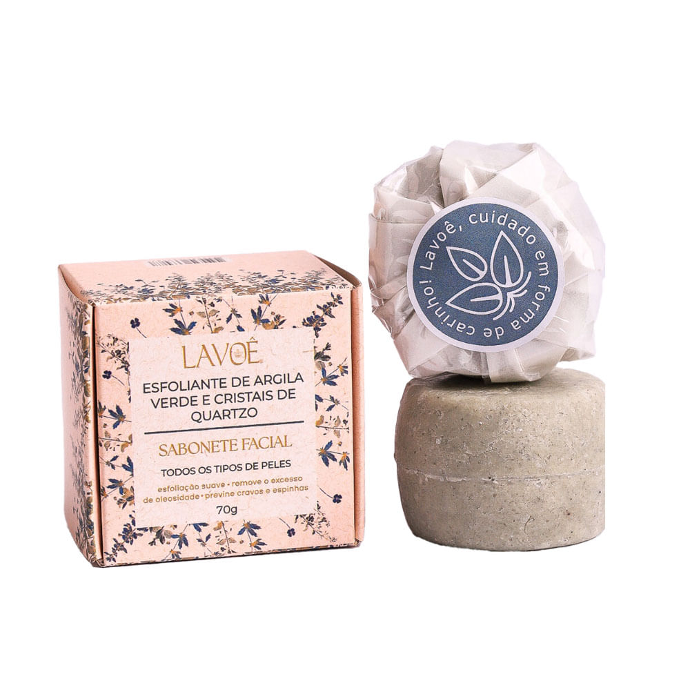 SABONETE FACIAL DE ARGILA VERDE E CRISTAIS DE QUARTZO EM BARRA LAVOÊ 70GR