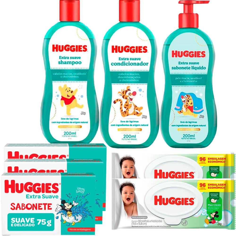Kit Infantil Huggies Shampoo, Condicionador, Sabonetes e Lenço Umidecido 8 Produtos