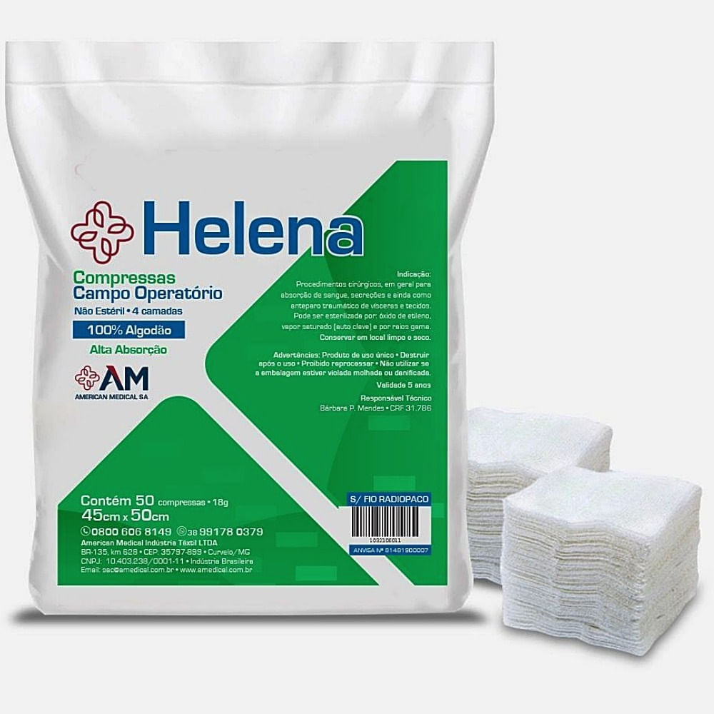 Compressa Campo Operatório American Medical Helena 45x50cm Não Estéril 50 Unidades