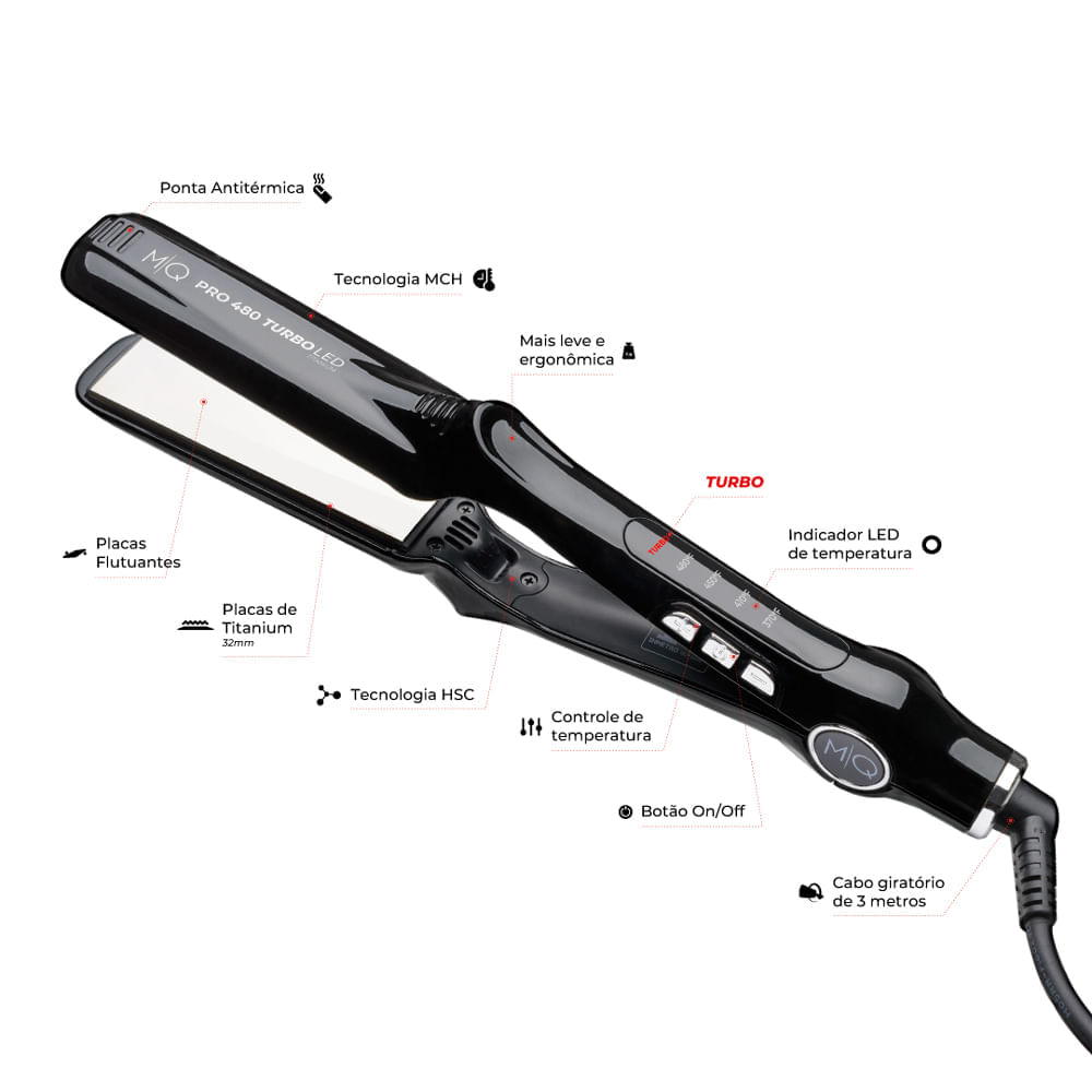 Chapinha de Cabelo MQ Professional Pro 480 Titanium Silver 190°C Preta Bivolt