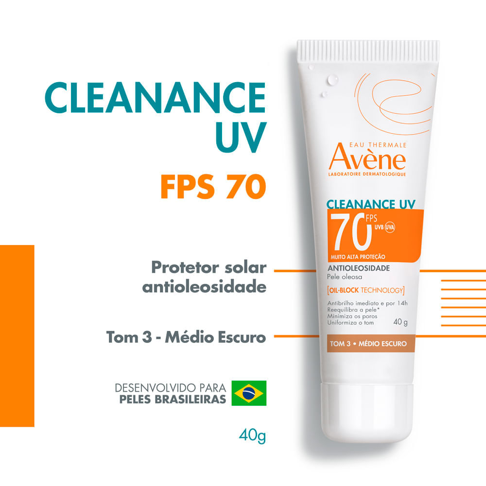 Protetor Solar Facial Avène Cleanance UV FPS 70 Tom 3 Médio Escuro 40 g