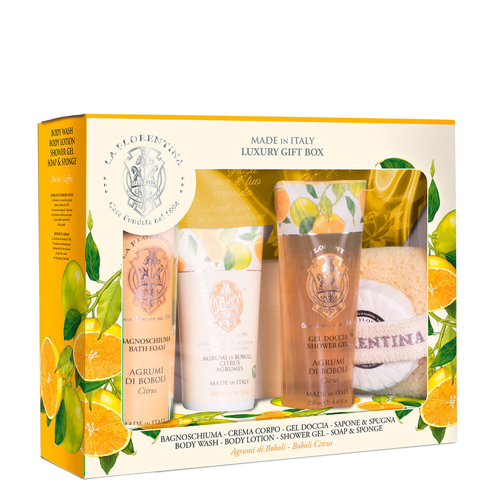 Kit La Florentina Spa Boboli Citrus Espuma de Banho 500ml Sabonete em Barra 106 g Loção Corporal 200ml Gel de Banho 250ml Esponja