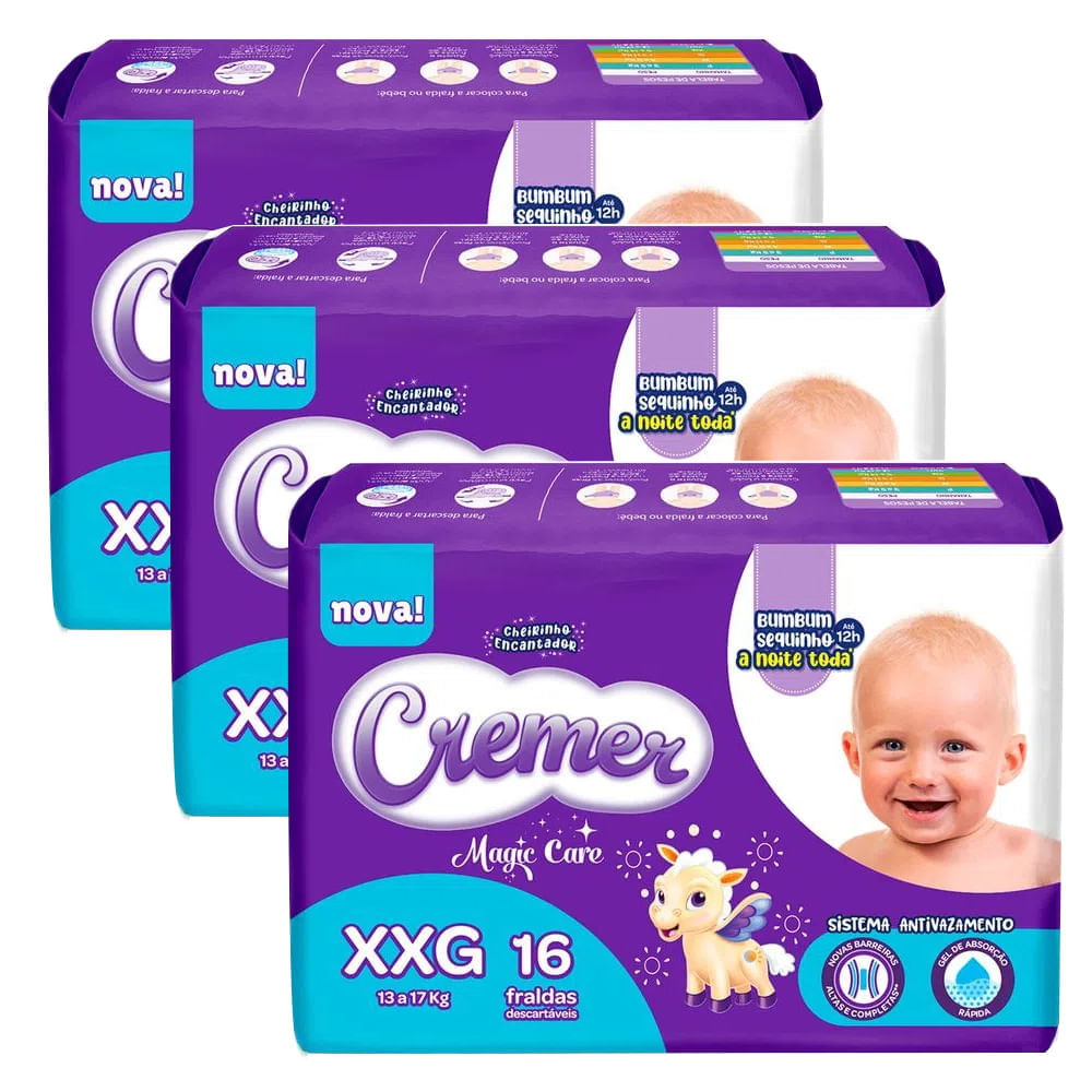 Kit 3 Fraldas Descartável Cremer Magic Care Jumbo XXG 48 Tiras