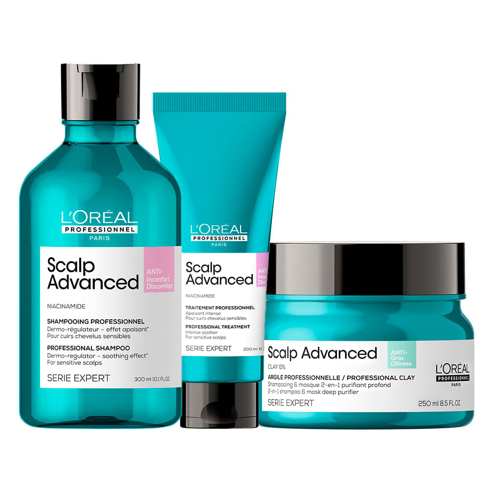 Kit L'Oréal Professionnel  Serie Expert Scalp Advanced - Shampoo 300 ml + Tratamento Calmante Intensivo 200 ml + Máscara de Tratamento 2 em 1 250 ml
