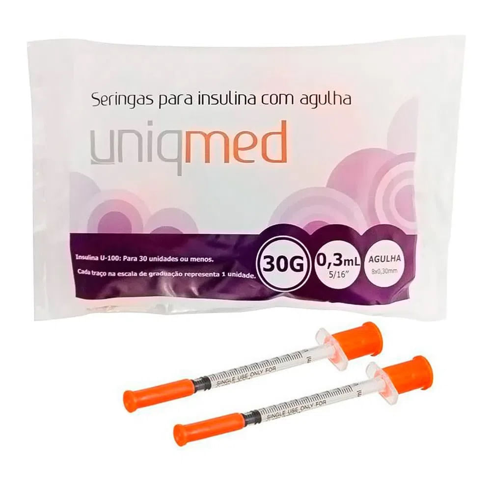 Seringa Uniqmed Insulina 0,3ml Agulha 8x0,3mm 30g Com 10 Unidades