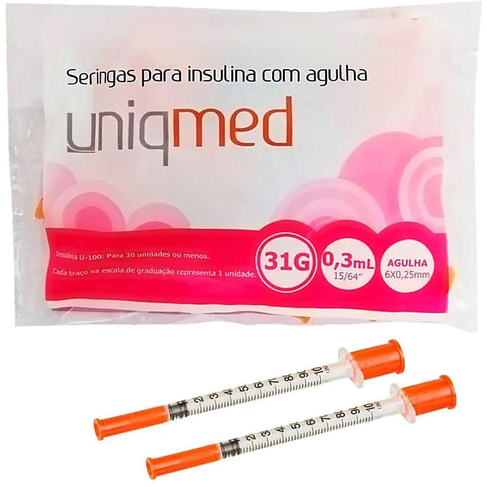 Seringa Uniqmed Insulina 0,3ml Agulha 6x0,25mm 31g Com 10 Unidades