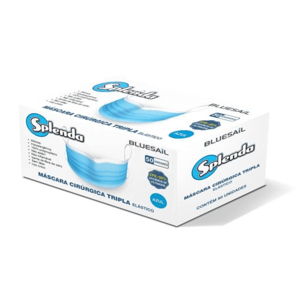 Máscara Descartável Tripla Proteção Azul com Elástico e Clip Nasal Caixa 50 Unidades Blue Sail 10 Caixas