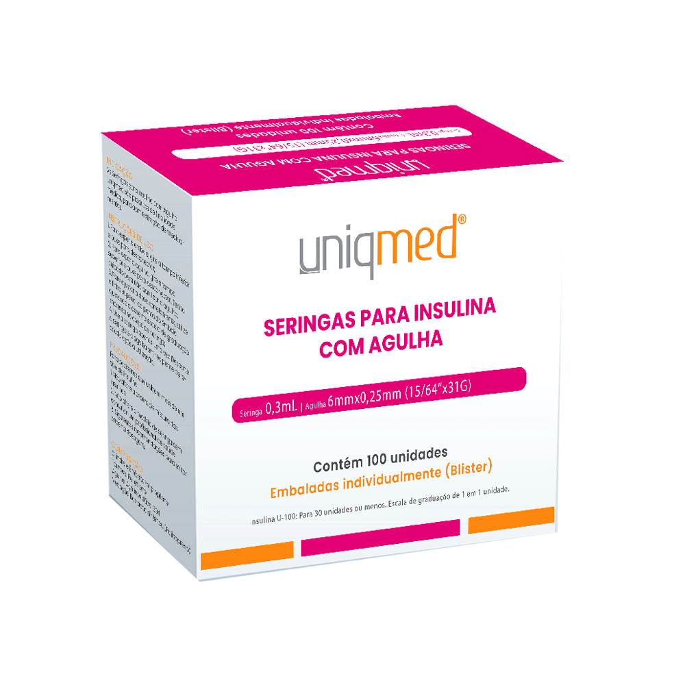 Seringa Insulina 0,3ml Estéril Agulha 6x0,25mm 31G Caixa 100 Unidades UniqMed