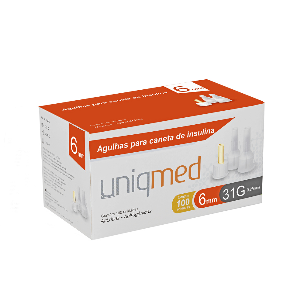 Agulhas para Caneta de Insulina 6mm 31G Caixa 100 Unidades UniqMed