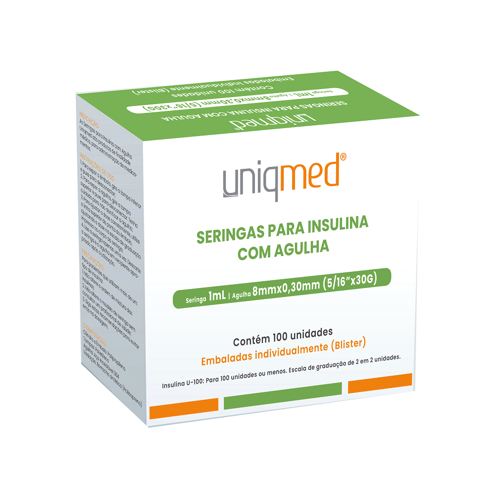 Seringa Insulina 1ml Estéril Agulha 8x0,25mm 30G Caixa 100 Unidades UniqMed