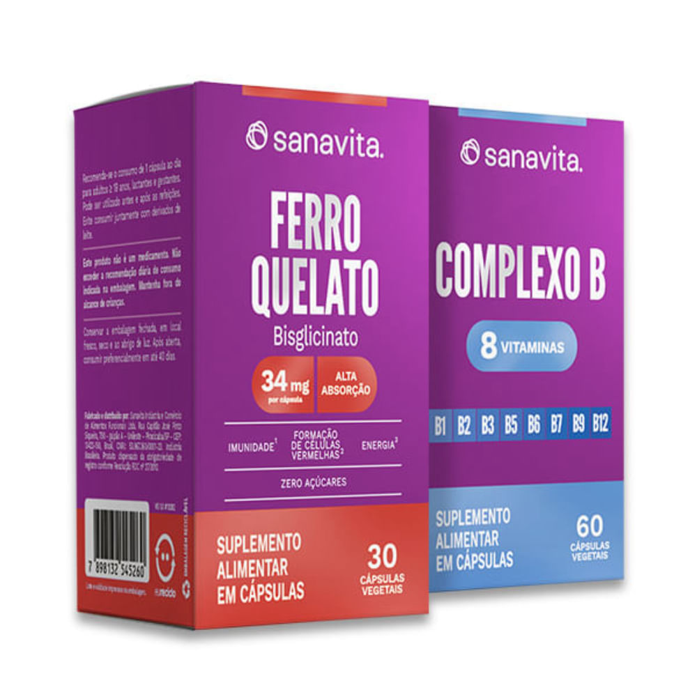 Combo Anemia Ferro Quelato 30 Cápsulas + Complexo B 60 Cápsulas