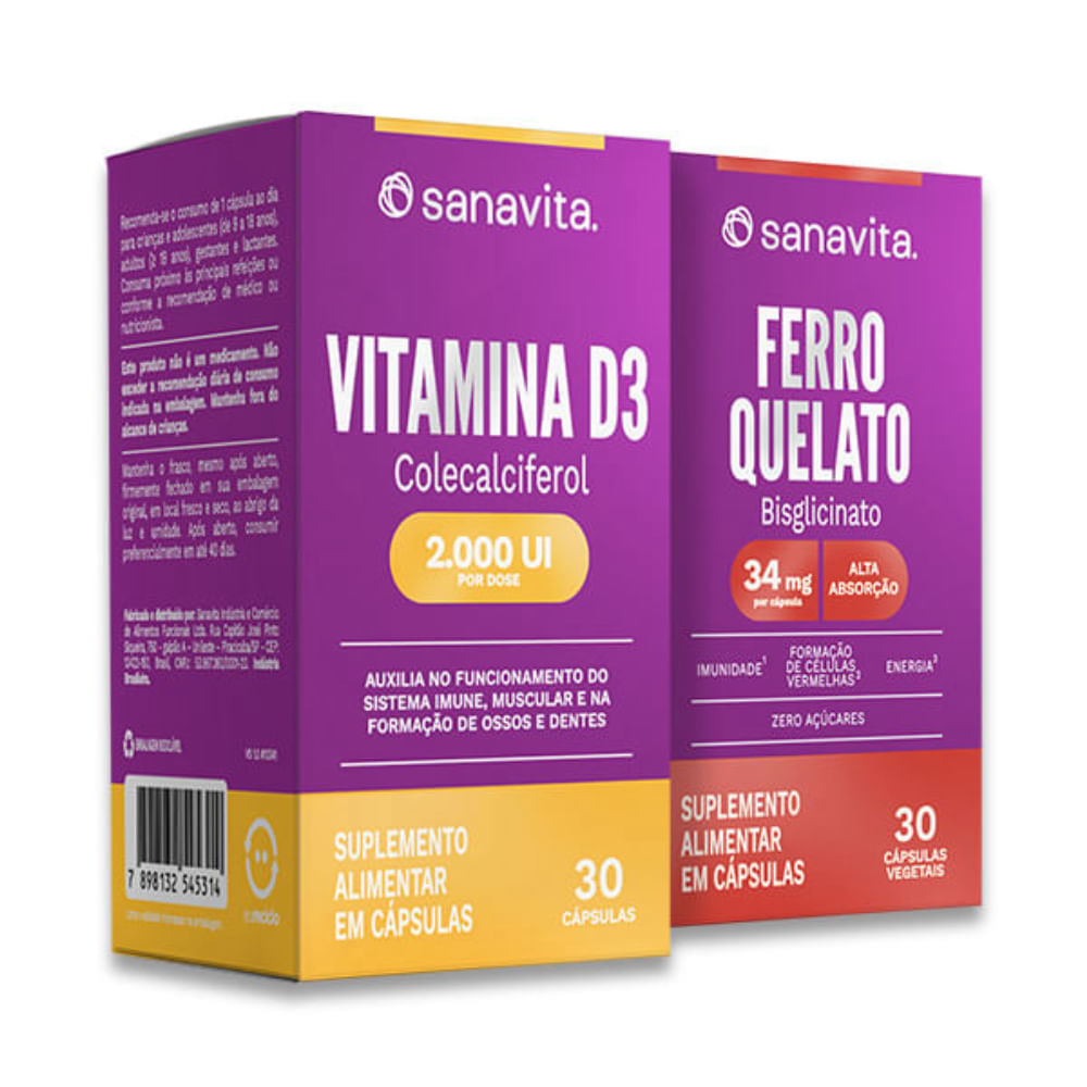 Combo Cuidado Na Gestação Vitamina D3 + Ferro Quelato 30 Cápsulas Cada