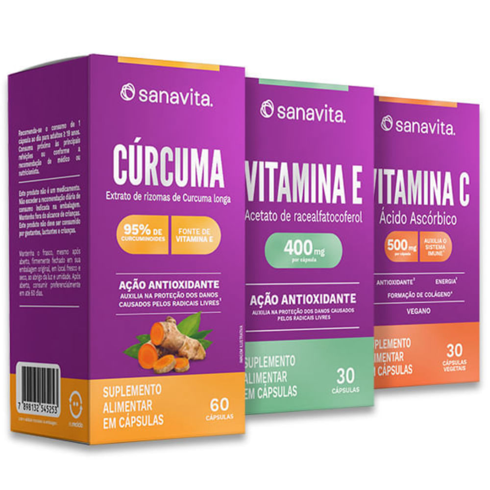 Combo Proteção Antioxidante Cúrcuma 60 Cápsulas + Vitamina C 30 Cápsulas + Vitamina E 30 Cápsulas