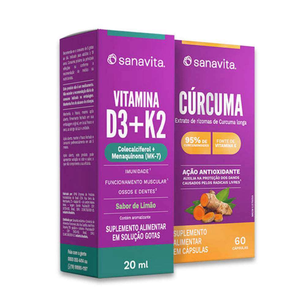 Combo Mobilidade Vitamina D3+K2 20ml + Cúrcuma 60 Cápsulas