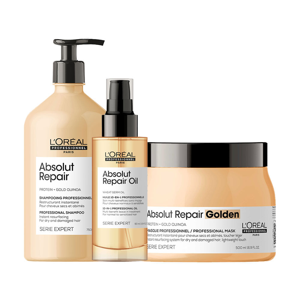 Kit L'Oréal Professionnel Serie Expert Absolut Repair Gold Quinoa Shampoo 750 ml + Máscara Golden 500 g + Óleo 90 ml
