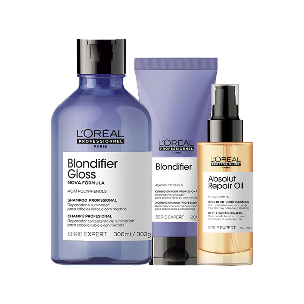 Kit L'Oréal Professionnel Serie Expert Blondifier Shampoo Gloss 300 ml + Condicionador 200 ml + Óleo 90 ml