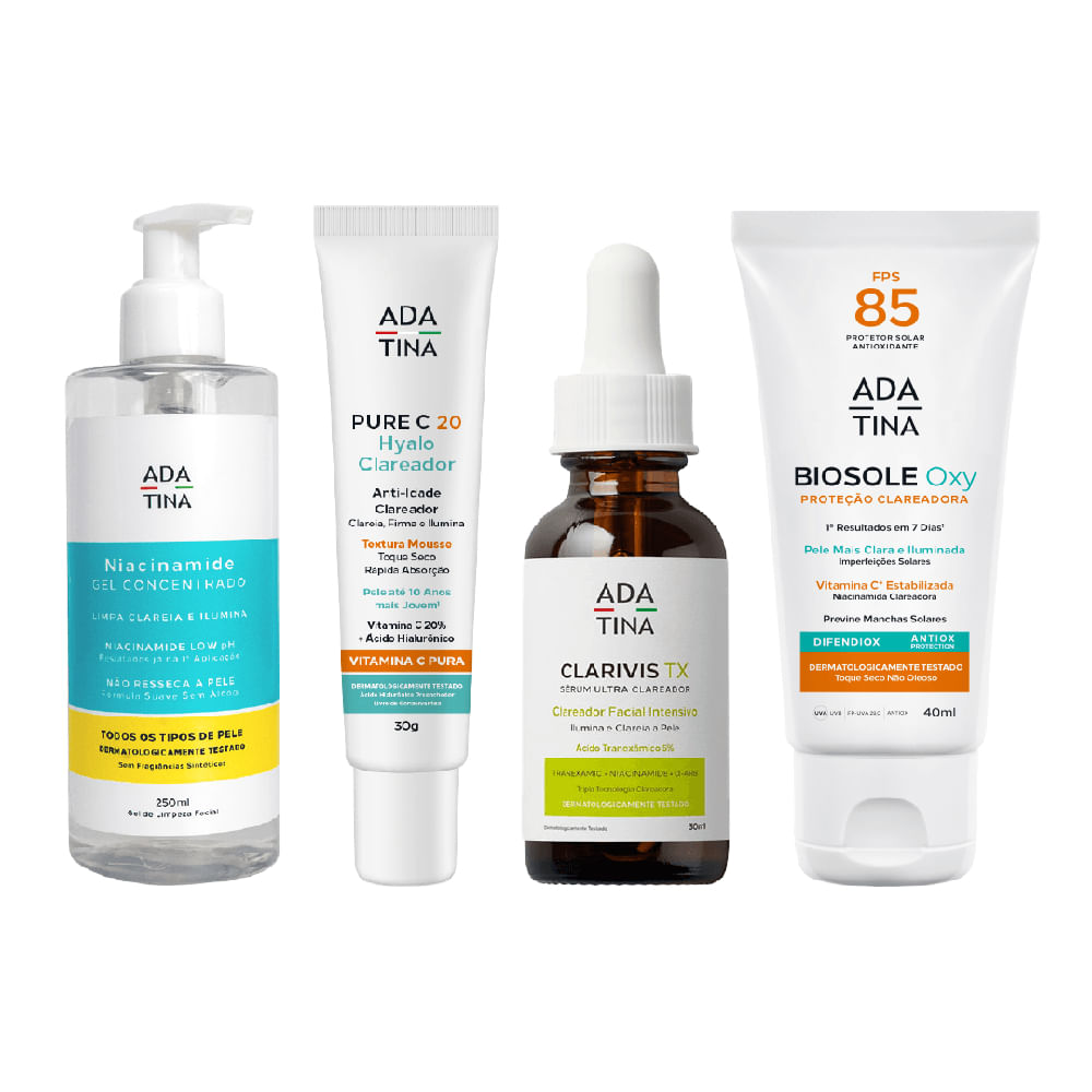 Kit Tratamento Para Melasma e Rejuvenescimento Facial Intensivo Gel Concentrado Niacinamide 250ml +  Pure C 20 30g + Sérum Clarivis Tx 30ml + Protetor Solar Biosole Oxy 40ml