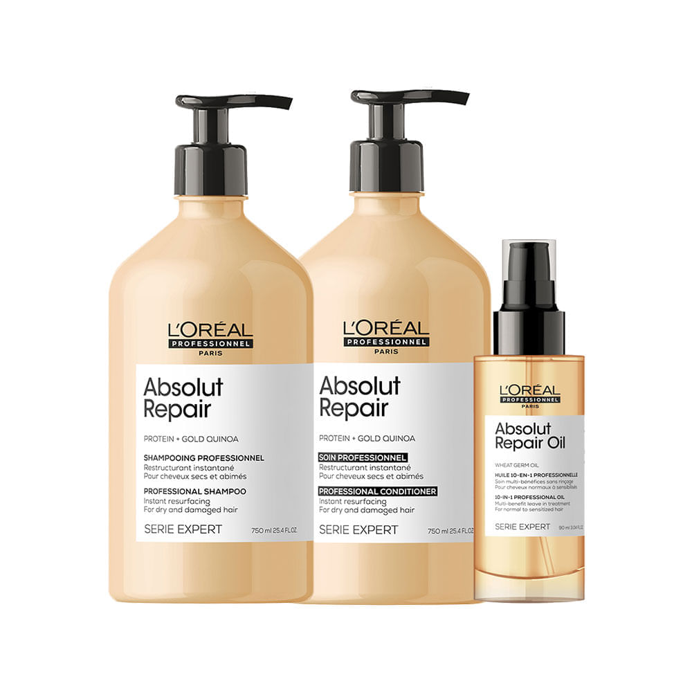 Kit L'Oréal Professionnel Serie Expert Absolut Repair Gold Quinoa Shampoo 750 ml + Condicionador 750 ml + Óleo 90 ml
