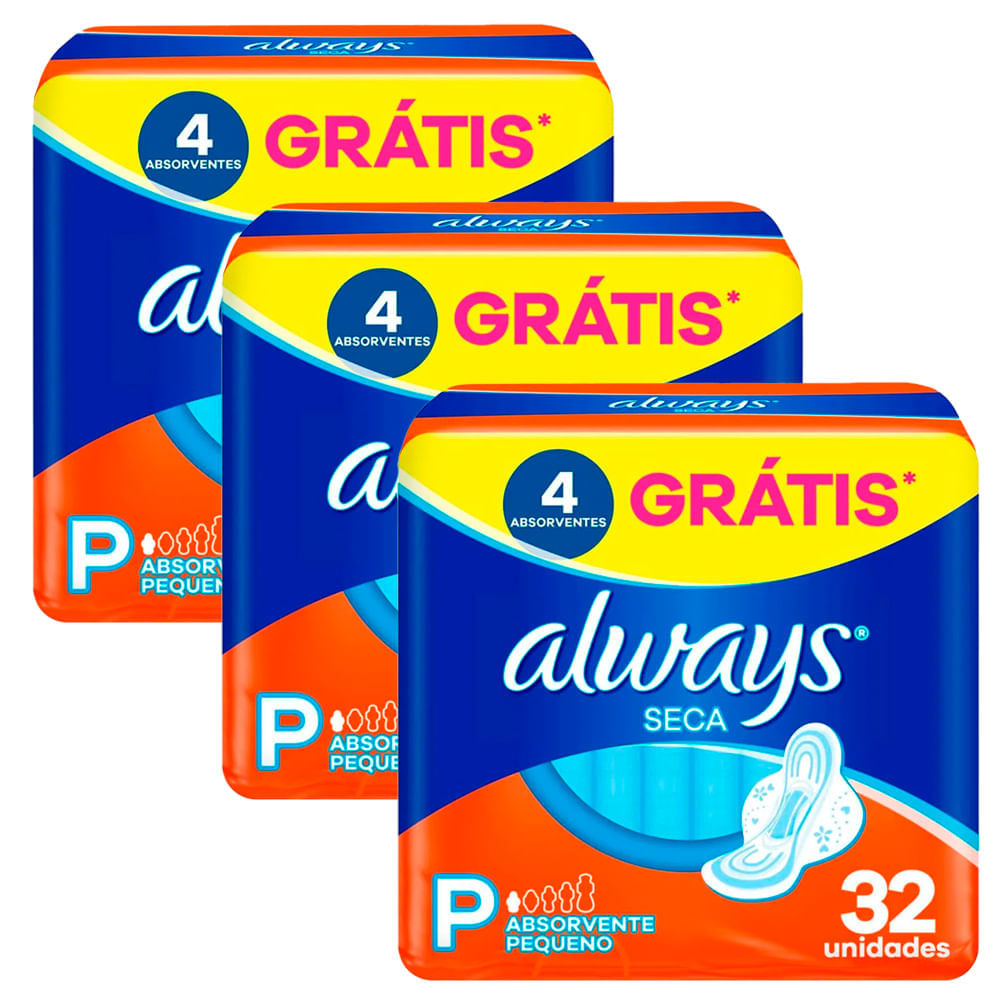Kit 3 Absorventes Always Com Abas Pacote Com 32 Unidades Cada Tamanho P