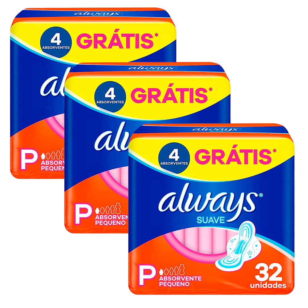 Kit 3 Absorvente Always Tamanho P Suave Com Abas Pacote Com 32 Unidades Cada